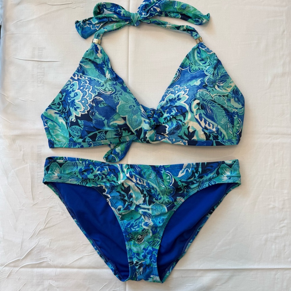 Lauren‎ Ralph Lauren Blue Floral Bikini Set Halter Tie M/L 10 12